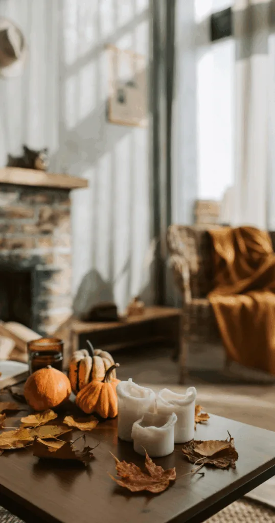 Living room with plush velvet throw pillows and thick wool blankets in burnt orange and mustard yellow tones.