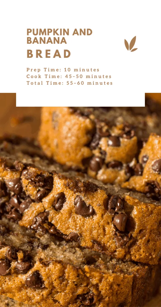 Slices of moist pumpkin banana bread on a cutting board with a knife, next to a cup of coffee.