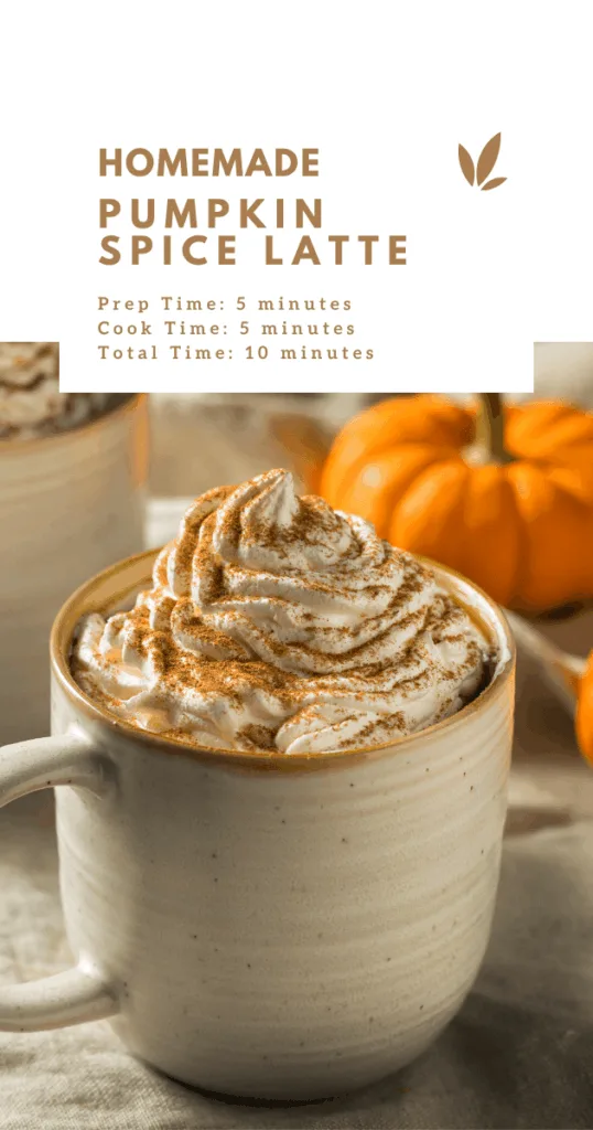 Homemade pumpkin spice latte in a clear glass mug, topped with whipped cream and a dusting of pumpkin pie spice.