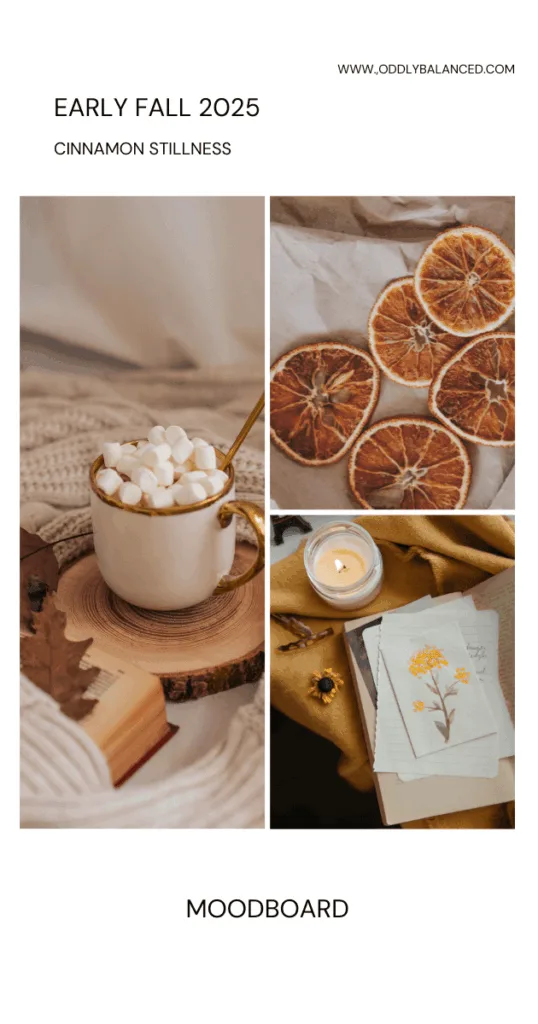 A cozy fall moodboard with warm tones, candles, books, and autumn leaves representing a fall bucket list reset vibe.
